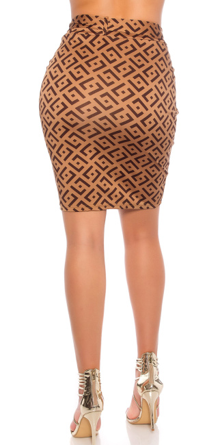hoge taille rok met print + riem bruin